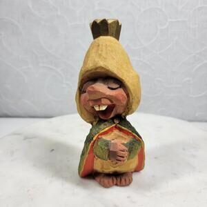 VTG Henning Norway Hand Carved Wooden Troll King Crown Folk Art 6” Signed